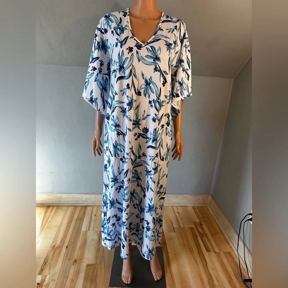 Petite Plume Pima Cotton Sounds of Santorini Caftan Size Small NWT